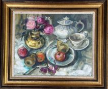 Tait, Still life with Rockingham teapot, oil on canvas, signed bottom left and dated '86,
