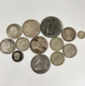A collection of silver and other coins including two George III silver crowns and half crown, USA