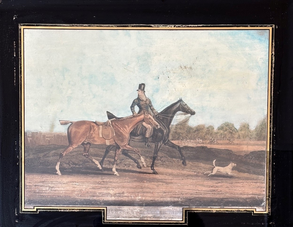 19thc engraving highlighted with colour, Hunters at Covers Side, in eglomise mounted oak frame,