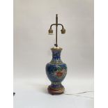 A 20th century / modern Chinese cloisonne rise and fall twin branch lamp with basket of flowers