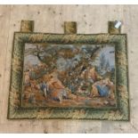 A French Aubusson style tapestry wall hanging, the central panel decorated with figures in a