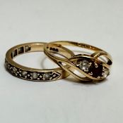 A 9ct gold half eternity style ring set clear stones, ( M/N) and a 9ct gold three stone scroll