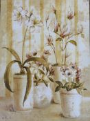 After F. de Villeneau Ve, still life with Amaryllis, Pansy and Camellia, gilet print on canvas,