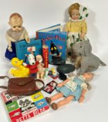 A collection of Vintage children's toys including a 1950's composition doll, two bath time ducks,