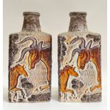 A pair of West German pottery Scheurich 'Montignac' fat lava vases of rectangular form depicting