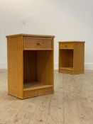A pair of Boho style rattan bedside cabinets, with inset plate glass top over drawer and open shelf,