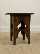 An early 20t century pine lamp table with pokerwork decoration H47cm, W47cm