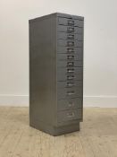 A pressed steel 13 drawer index cabinet, (no key) H94cm, W28cm, D42cm
