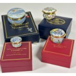 A collection of enamel pill style boxes including a Traditional Enamels Snowman box, ( h 3cm x d