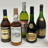 A collection of five bottles of Spirits including, Martell Cognac, Southern Comfort, Otard Cognac,