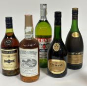 A collection of five bottles of Spirits including, Martell Cognac, Southern Comfort, Otard Cognac,