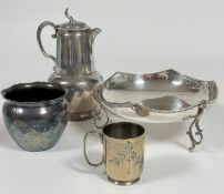 A collection of Epns including a scalloped fruit stand, fern pot, mug and hot milk jug. (a lot)