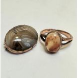 A 9ct gold ring set oval polished hardstone cabouchon in rubover setting, size P and an Edwardian