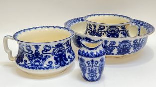 A group of Keeling Co 'Delhi' pattern flow blue pottery comprising a large basin (h- 13cm, w- 42),