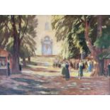 Langer, Continental scene with figures in front of a church and market, oil on baord, signed lower