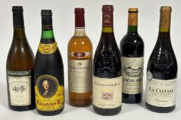 A collection of six various bottles of wine including a bottle of Chateauneuf -du Pape 1992, chateau