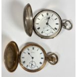 A gold plated Waltham USA full hunter pocket watch with enamel dial and Roman numerals and