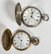 A gold plated Waltham USA full hunter pocket watch with enamel dial and Roman numerals and