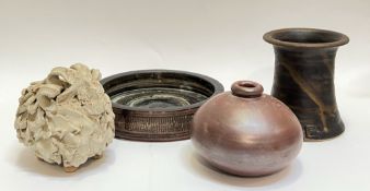 A mixed group of studio pottery comprising a Briglin earthenware dish with blue swirl pattern to