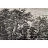 Jacob Van Ruisdael Dutch (1628-1682), A forest marsh with travellers on a bank, etching in oak