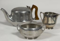 A Vintage Picquot ware aluminium three piece tea set, the tea pot with treen handle to side, (h x