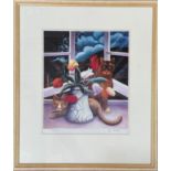 F Marek, still life with cats and flowers, print, signed 11/20 in painted mounted glazed frame ( h