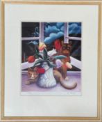 F Marek, still life with cats and flowers, print, signed 11/20 in painted mounted glazed frame ( h