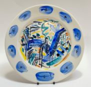 Caroline McNairn (1955-2010), a hand painted/enamelled plate with abstract design of a figure with
