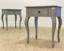 A pair of French style painted bedside tables fitted with a drawer H61cm, W52cm (distressed)