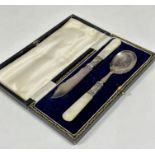 A fitted case containing a mother of pearl handled Epns jam spoon and butter knife in fitted