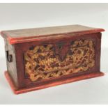 A Chinese stained hardwood miniature chest, the hinged top enclosing a side box, the front with