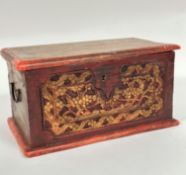 A Chinese stained hardwood miniature chest, the hinged top enclosing a side box, the front with