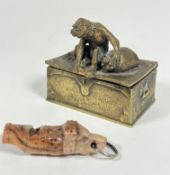 A Eastern Fratha cast brass miniature box, the top mounted with Ape holding a sack, lid loose, (h
