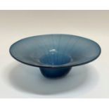A blue art glass bowl with incised radial decoration (h- 10cm w-29cm) (marked verso - Hough)
