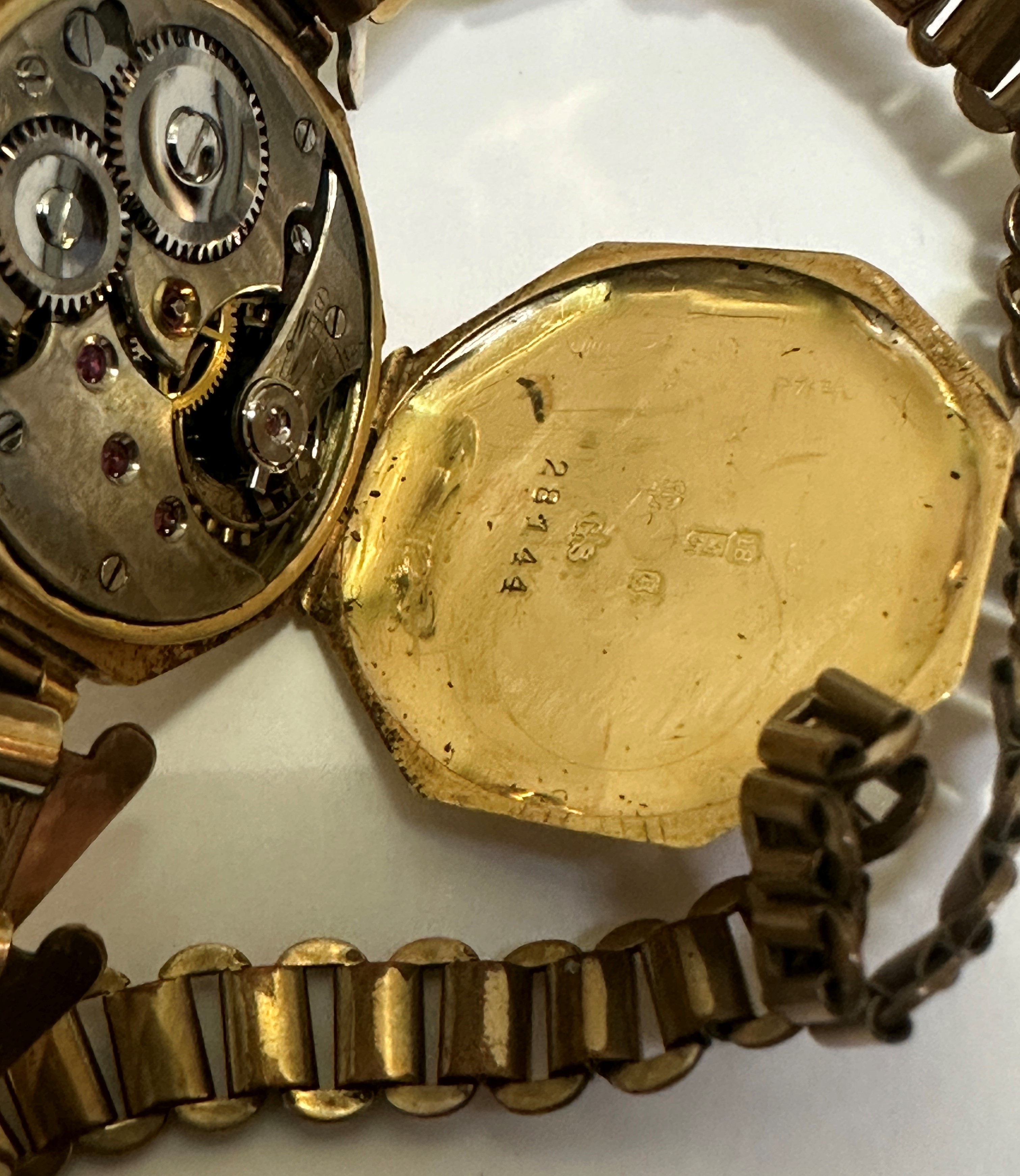 A Vintage lady's 1930's 18ct gold cased wrist watch with octagonal gilt dial on rolled gold - Image 3 of 3