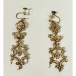 A pair of gilt metal Georgian style filigree chandelier earrings with screw fastenings and set