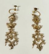 A pair of gilt metal Georgian style filigree chandelier earrings with screw fastenings and set