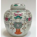 A Chinese porcelain falancai/famille rose enamelled ginger jar depicting lotuses and hanging motifs,