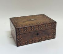 A walnut jewellery/sewing box with geometric Tunbridge ware inlay and mother of pearl inlaid