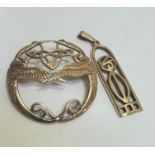A Charles Rennie MacIntosh style 9ct gold arched pendant, (l 3cm) and a 9ct gold circular Celtic