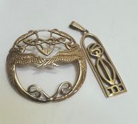 A Charles Rennie MacIntosh style 9ct gold arched pendant, (l 3cm) and a 9ct gold circular Celtic