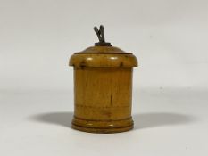 A 19th century turned treen pear wood string barrel, the lid mounted with a string cutter H15cm