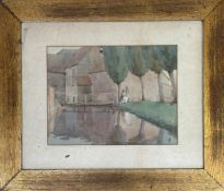 Continental School, figure sketching by a village stream, watercolour, unsigned in gilt mounted