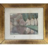 Continental School, figure sketching by a village stream, watercolour, unsigned in gilt mounted