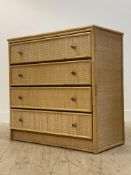A vintage Boho style rattan chest, with inset plate glass top over four drawers, H93cm, W94cm,