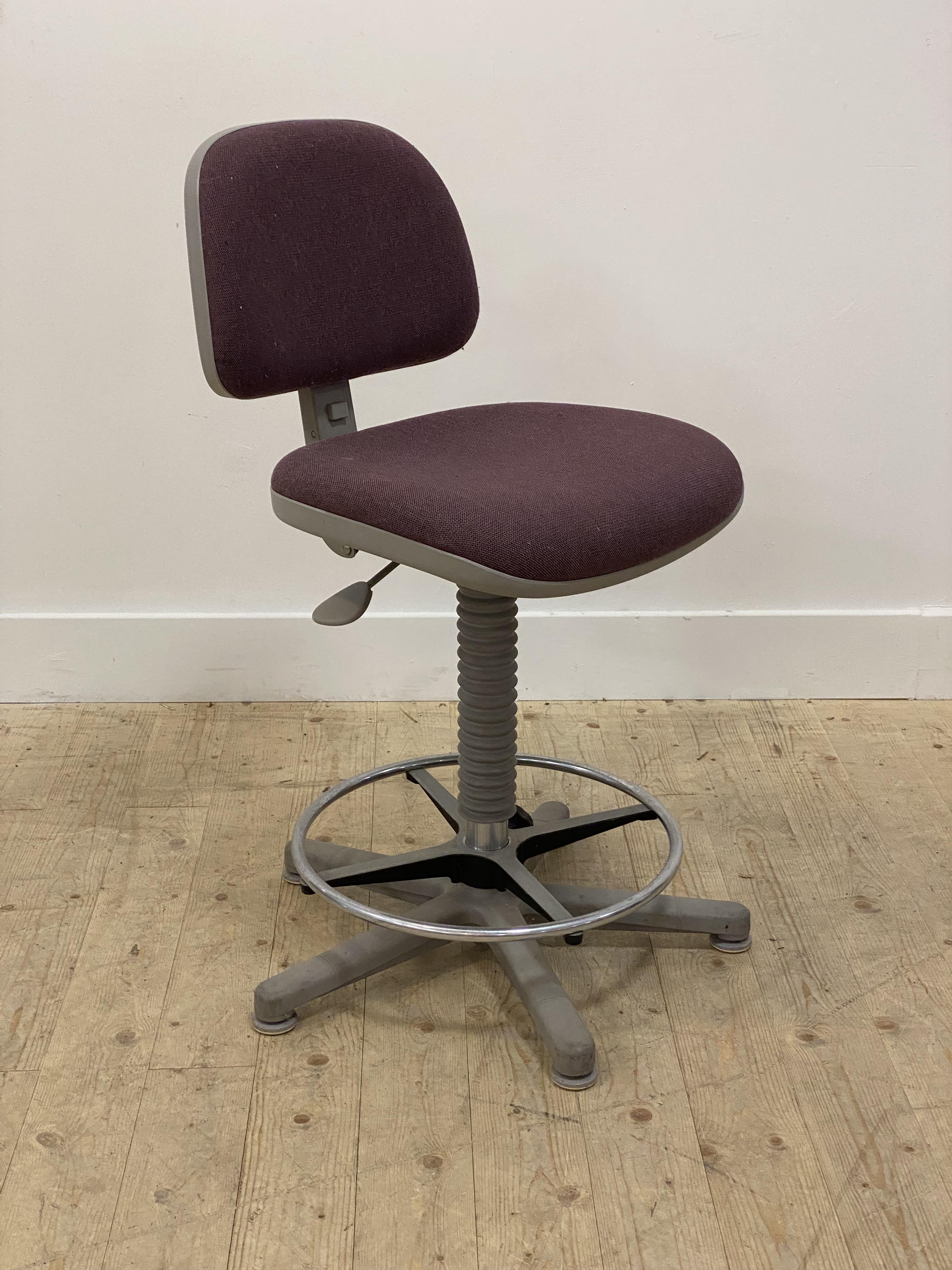 A vintage machinists type rise and fall swivel chair, with adjustable back rest H46cm