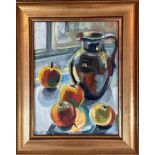 50Tait, apples and jug by a window, oil on panel, signed and dated 86 in gilt frame, ( h x 32 x l