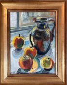 50Tait, apples and jug by a window, oil on panel, signed and dated 86 in gilt frame, ( h x 32 x l