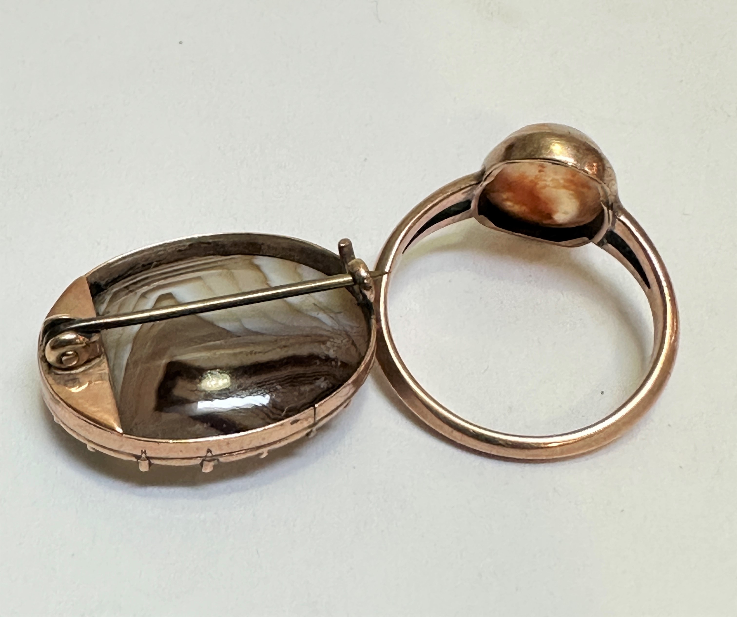 A 9ct gold ring set oval polished hardstone cabouchon in rubover setting, size P and an Edwardian - Image 2 of 2