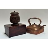 A teak tobacco jar decorated with floral sprigs to body (h- 19cm), a Victorian mahogany jewelry
